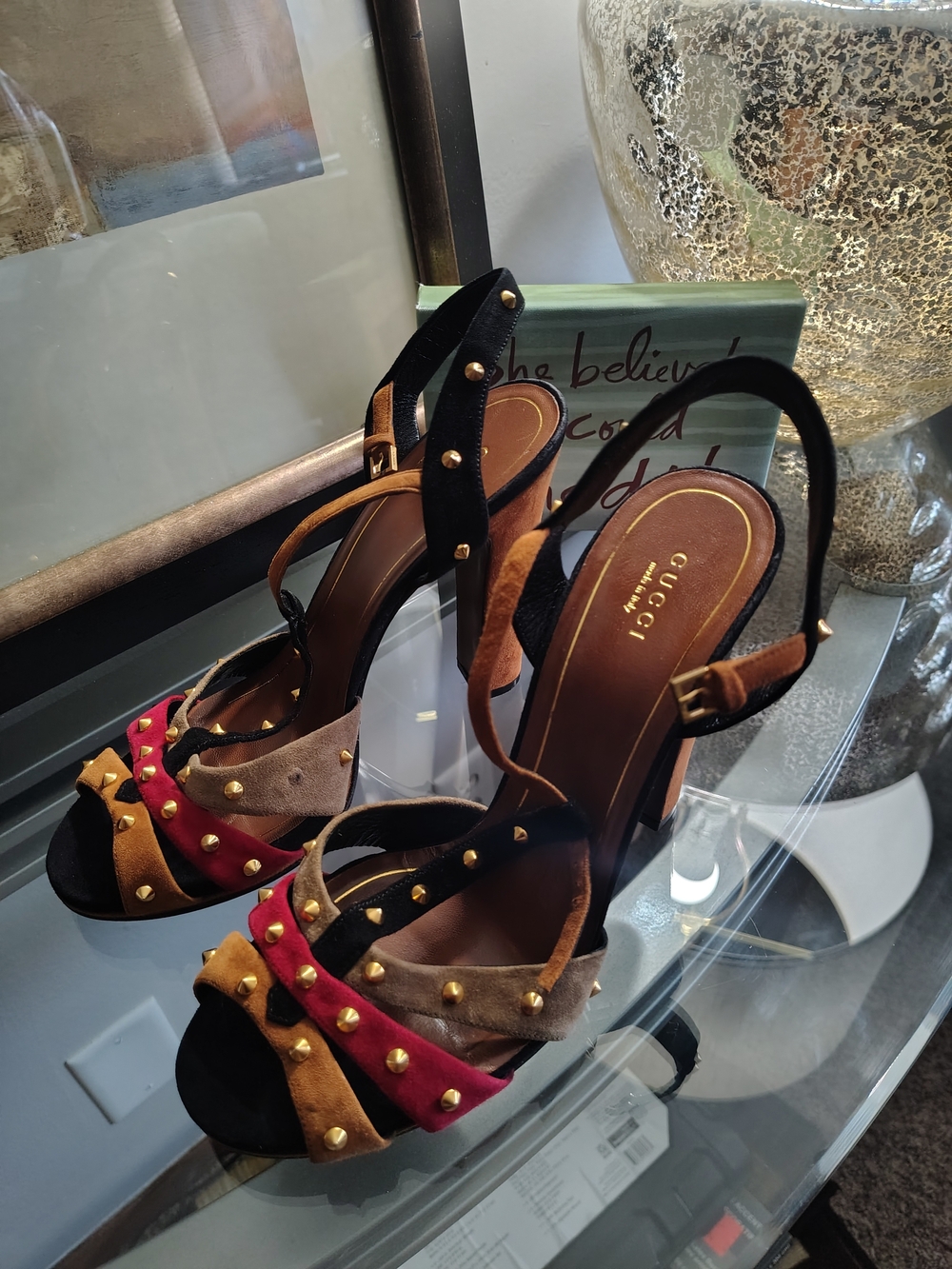 Gucci Women's Multicolor Studded Suede Heeled Sandals - Picture 2 of 7